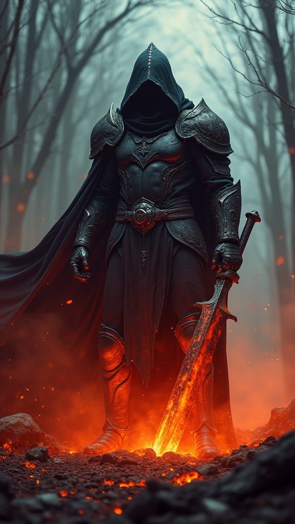 Dark Warrior in Crimson Mist Haunted Forest