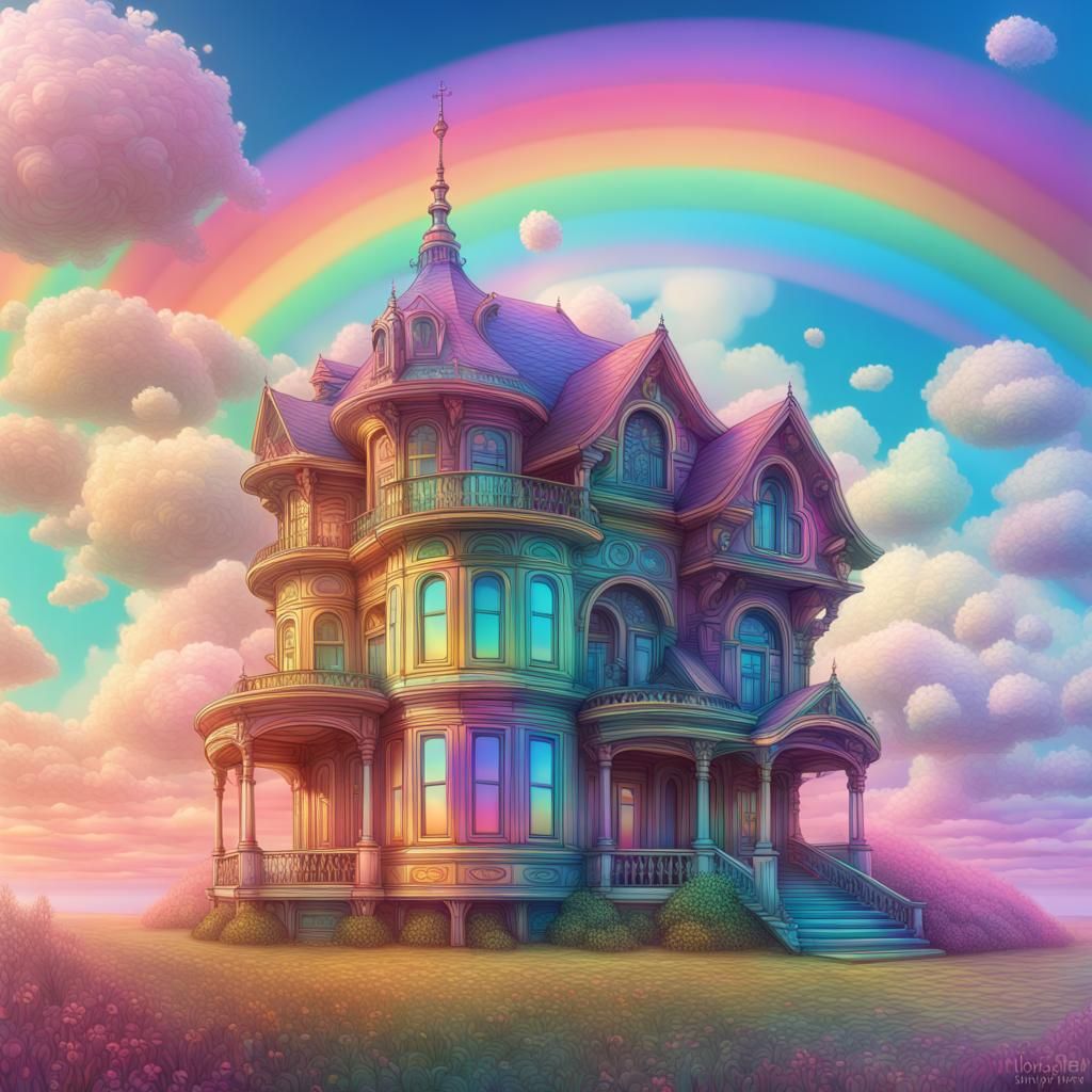 Dreamy House with Rainbow Sky: Surreal Digital Art