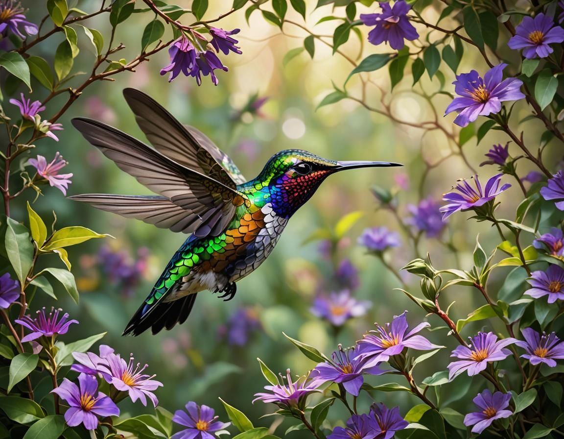 Stained Glass Mosaic Hummingbird in Sunlight