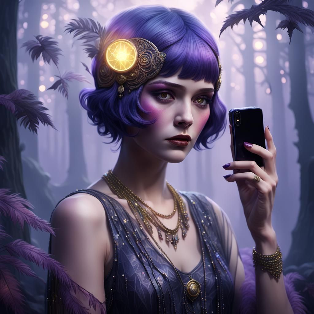 Mystical Flapper with iPhone in Dark Fantasy Art