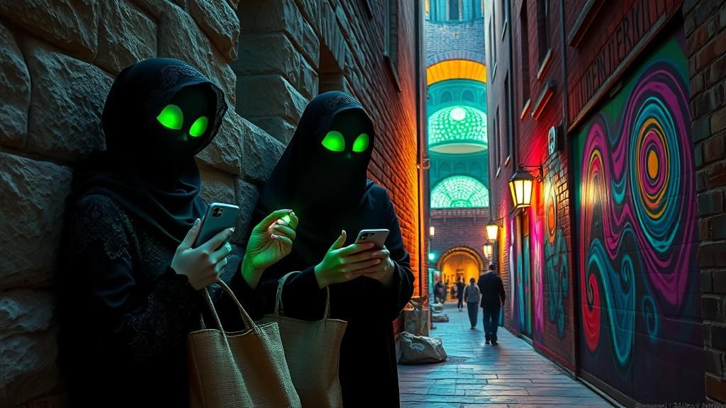 Mystical Alleyway: Veiled Women and Bioluminescent Aliens