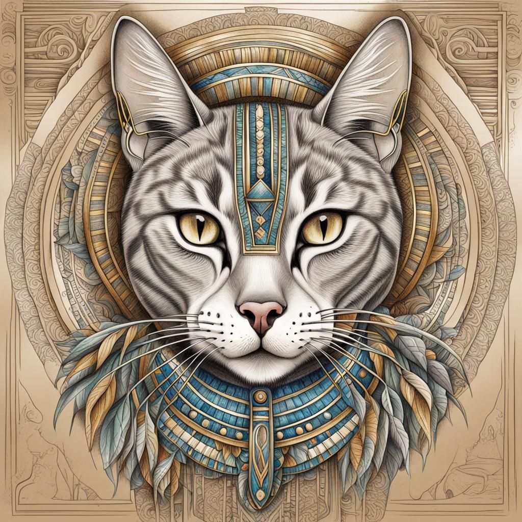 Detailed Pencil Sketch of Mythical Egyptian Cat