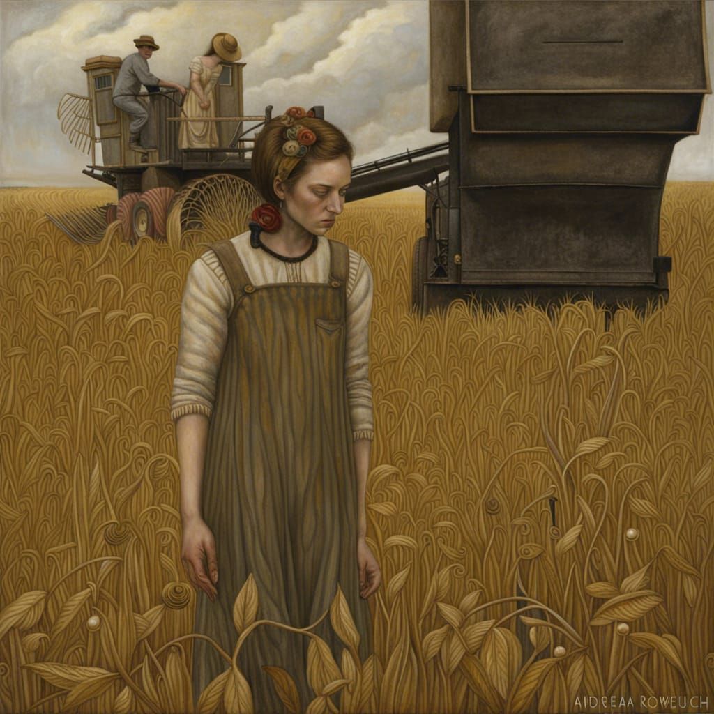 Combine Harvester in Folk Art Style