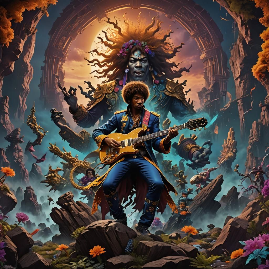 Detailed Matte Painting of Jimi Hendrix in Deep Color