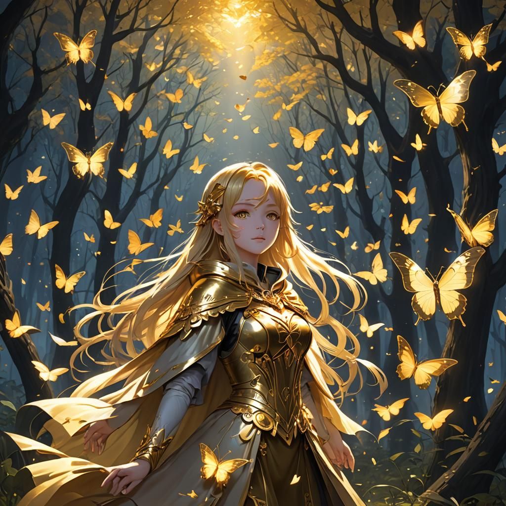 Luminescent Golden Heart in Forest Night, Anime Art