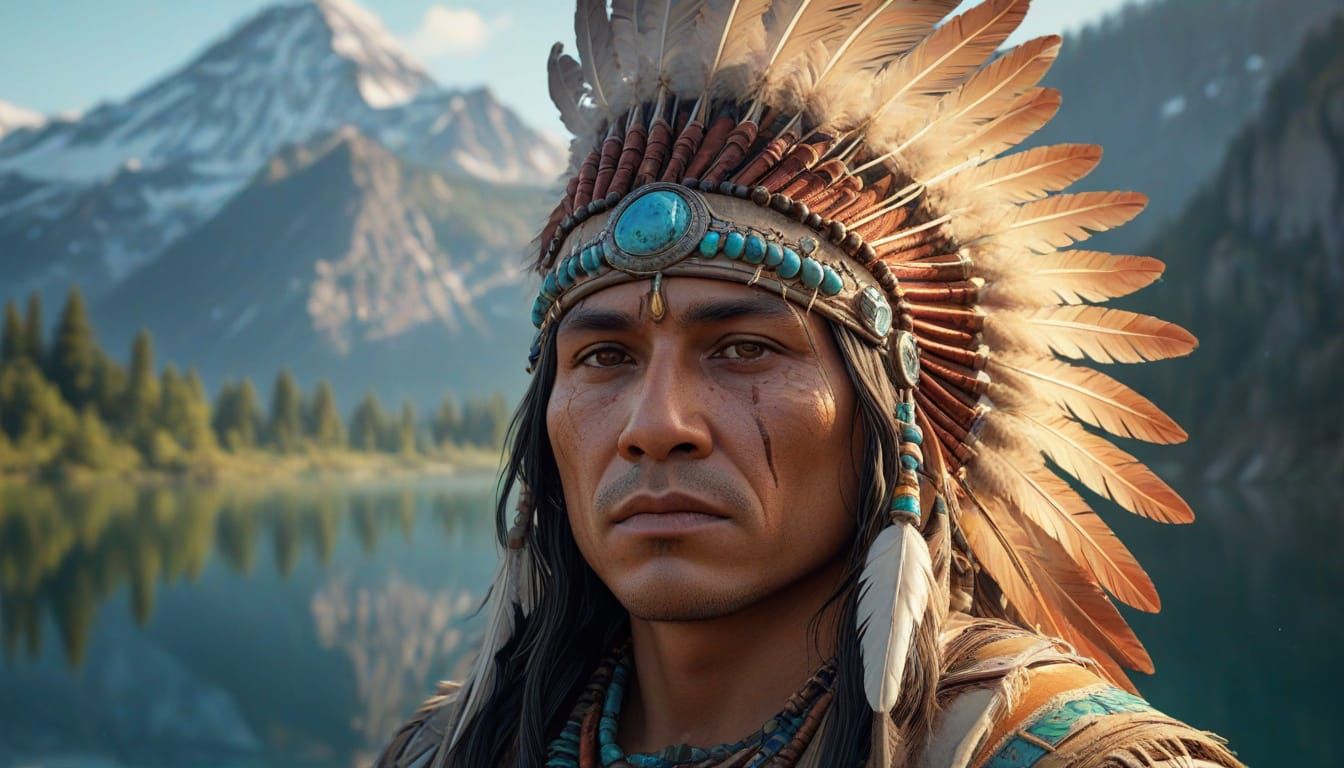 Native American Warrior in Traditional Regalia Amidst Majest...