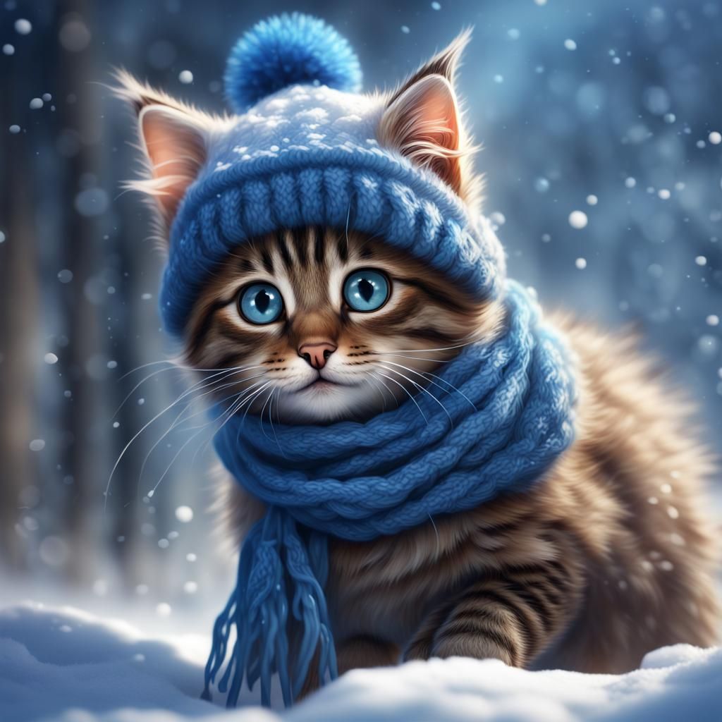 Winter Kitten Portrait in Detailed Digital Art Style