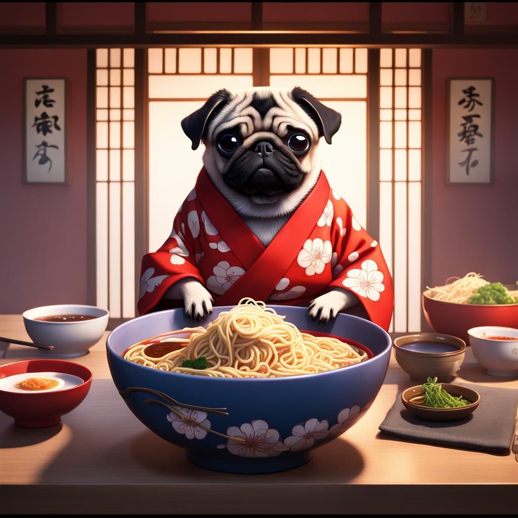 Kimono Pug Enjoying Ramen, Anime Pixar Style