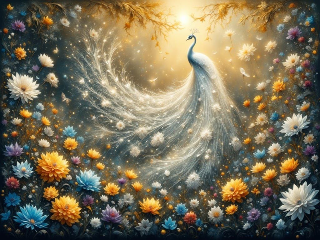 All-White Peacock in Golden Hour Garden