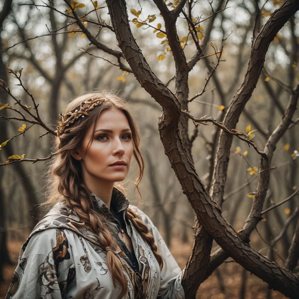 Latvian Woman in Snake World Tree Scene