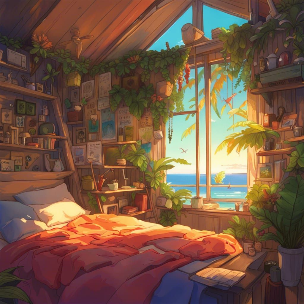 Cozy Solarpunk Bedroom in Vivid Triadic Colors