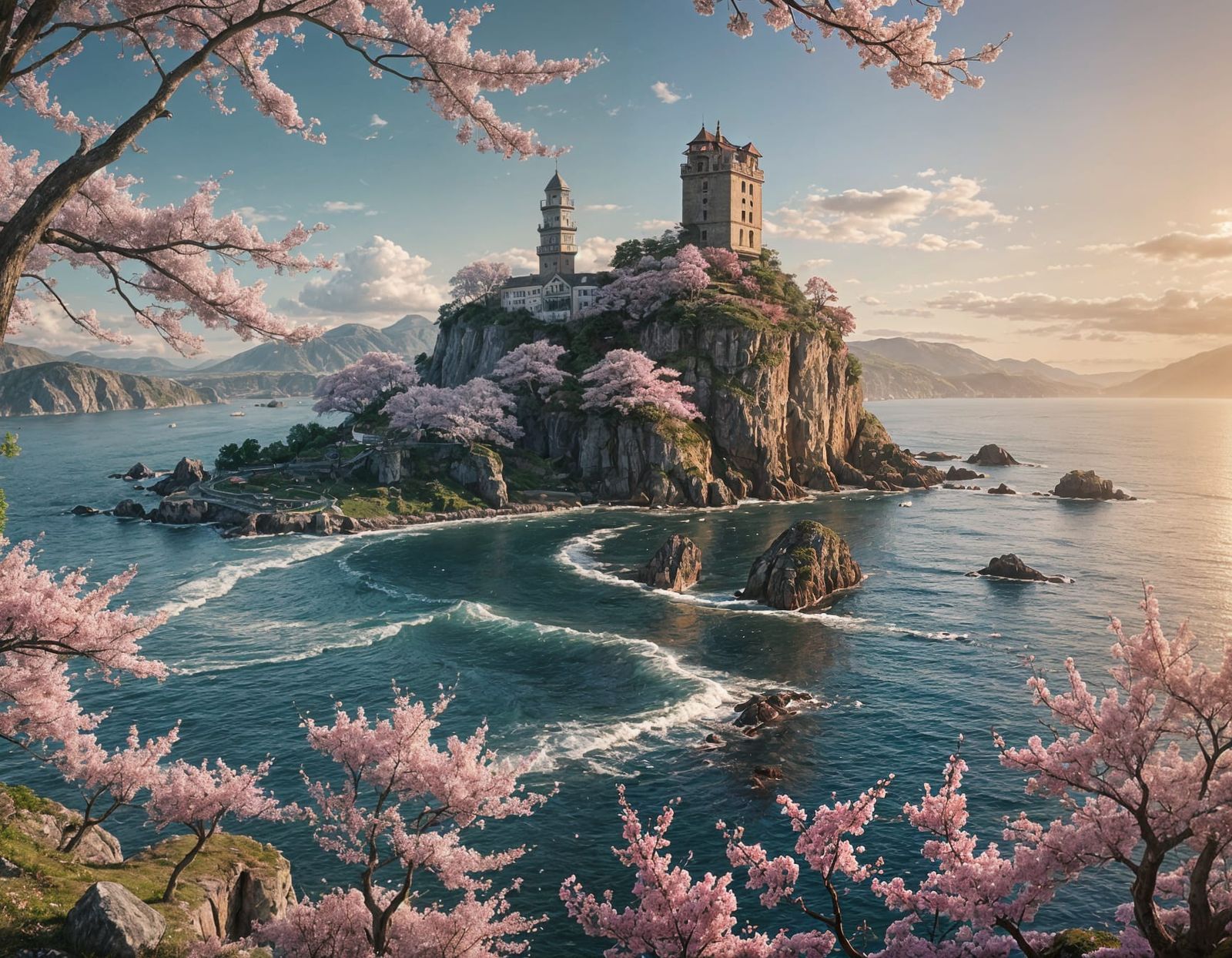 Ocean Cliffs with Cherry Blossoms in Anime Style