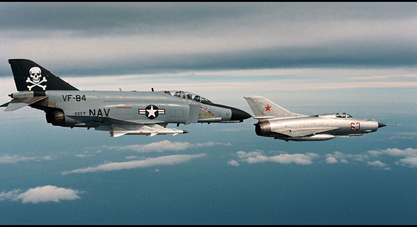 F-4S Phantom Intercepts MiG-21 in Dramatic Aerial Scene