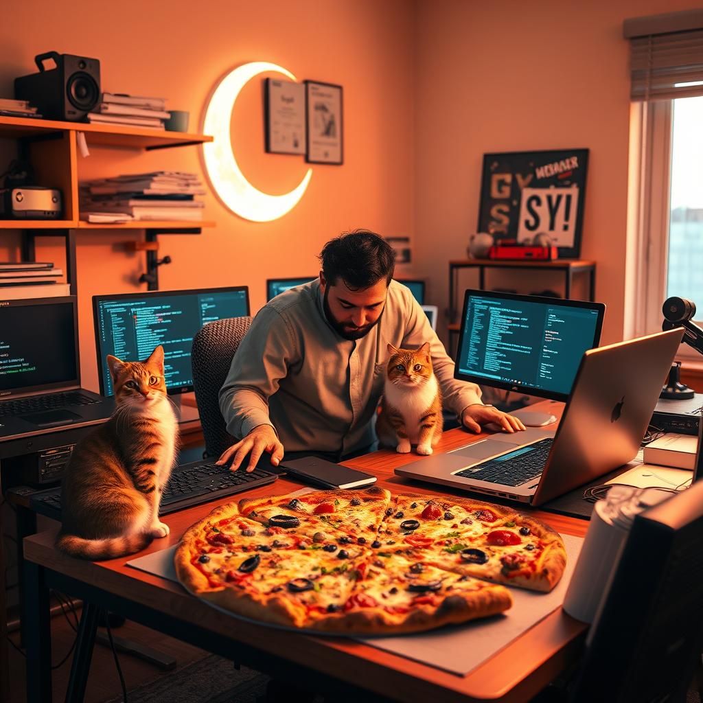 Engineer's High-Tech Workspace with Cats and Pizza