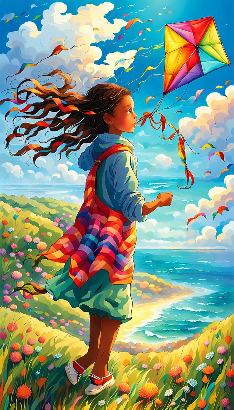 Girl Flying Kite on a Breezy Seaside Cliff