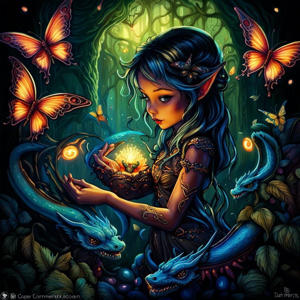 Fairy and Dragon with Glowing Butterflies