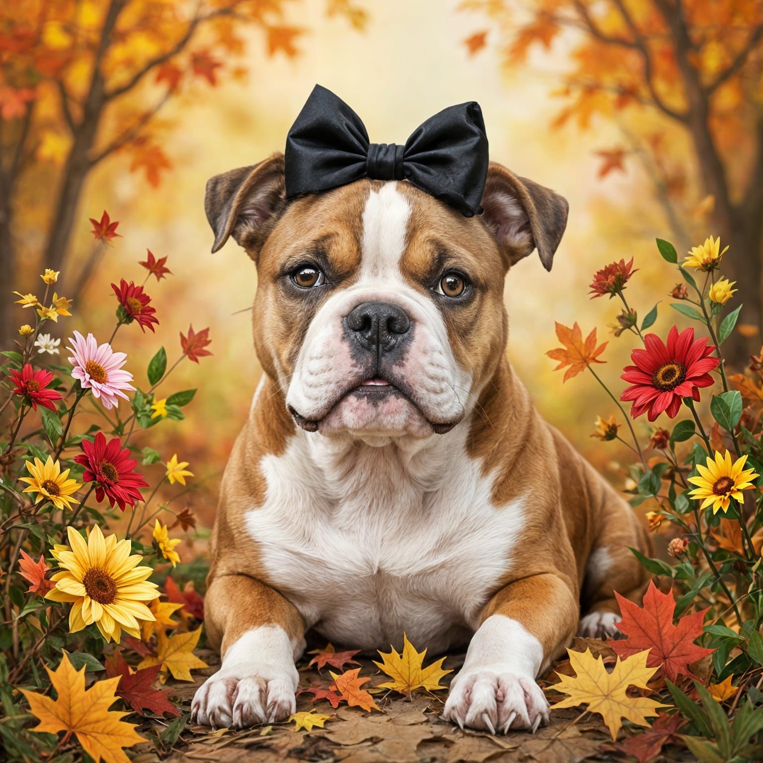 American Bully Dog with Fall Colors and Floral Accents
