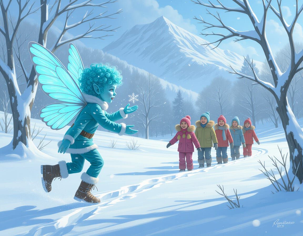 Winter Fairy Leads Children Through Snowy Landscape