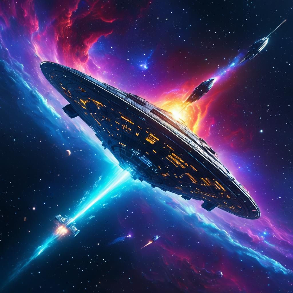 Glowing Starship Navigates Vibrant Galaxy: Digital Matte Pai...