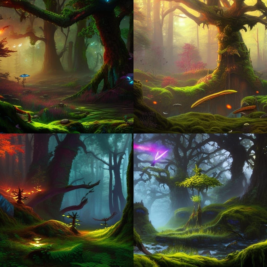 Forest Scene with Fireflies: Detailed Matte Painting