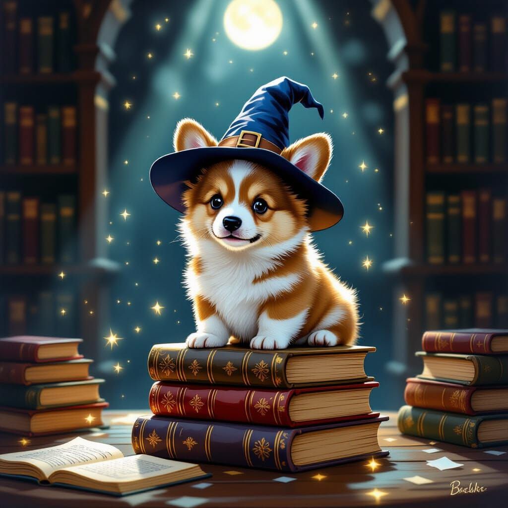 Fluffy Corgi Puppy as Wizard in Enchanted Library