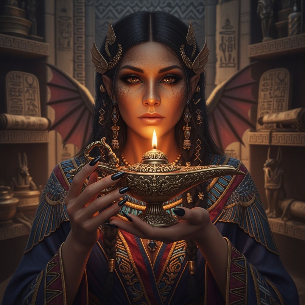 Babylonian Woman Holds Lamp in Opulent Room