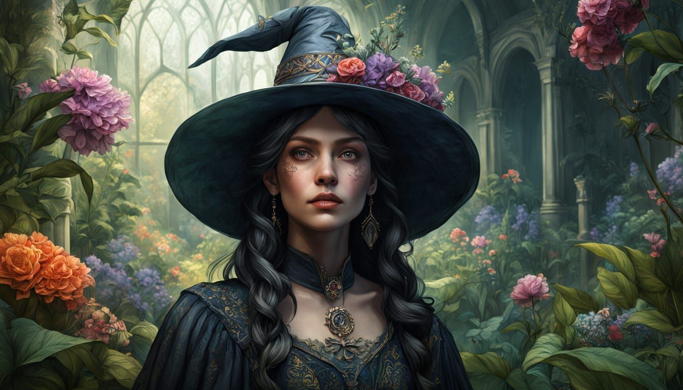 Victorian Gothic Wizard Woman in Magical Garden
