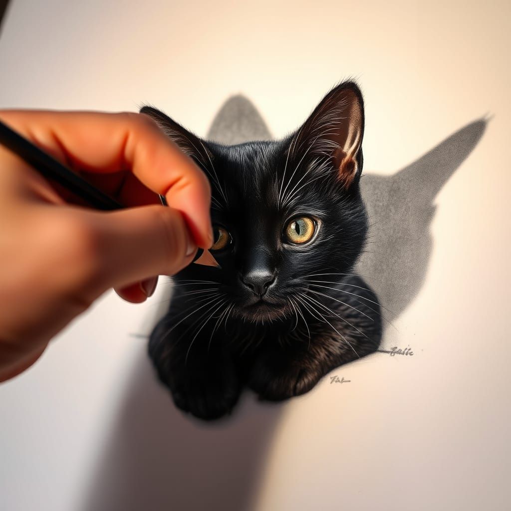 Hyperrealistic Drawing of a Black Cat Emerging from Paper