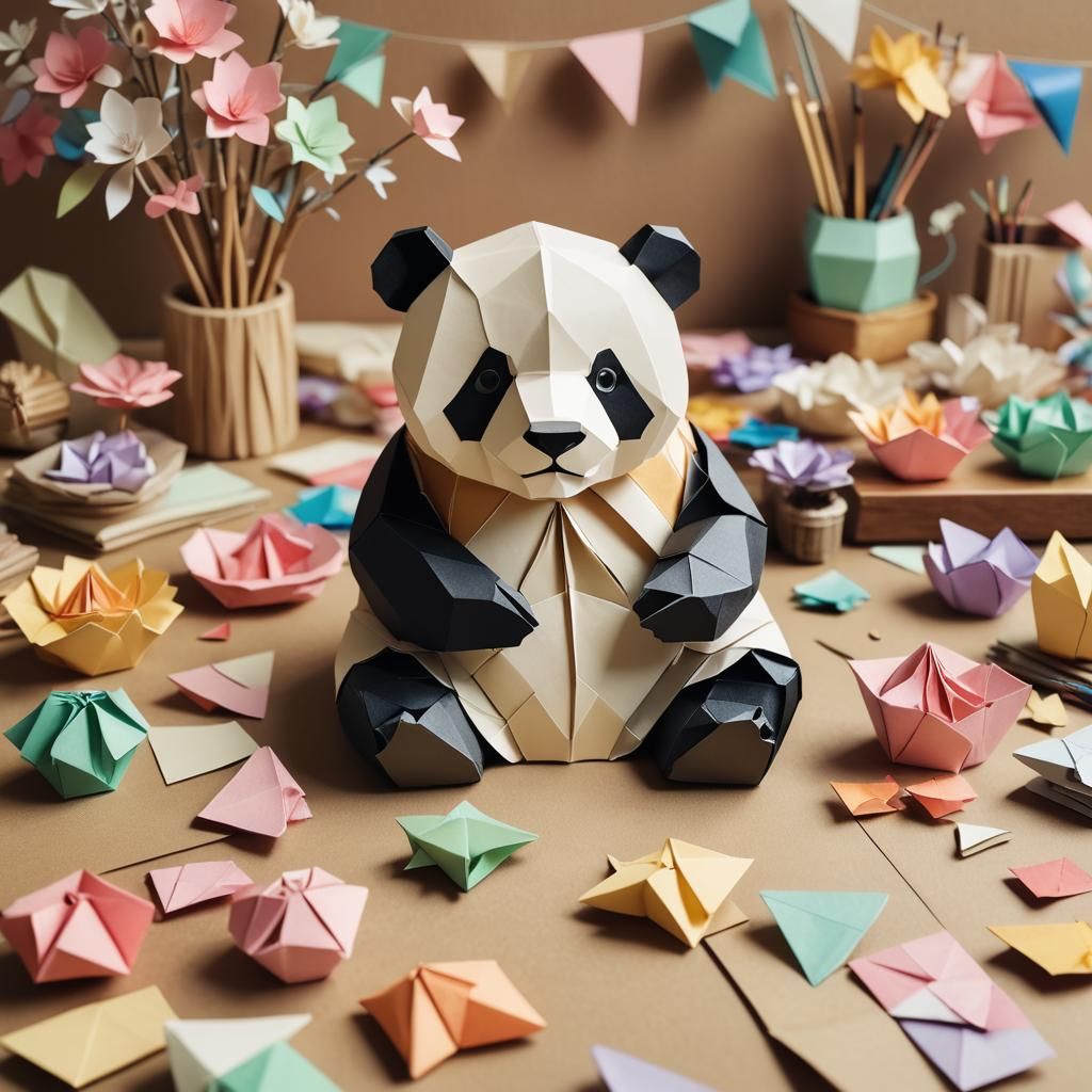Intricate Origami Panda Papercraft on Japanese Desk