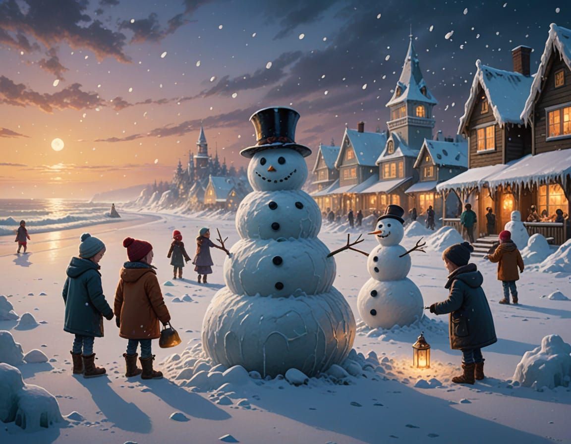 Children Building Snowmen on a Frosty Beach