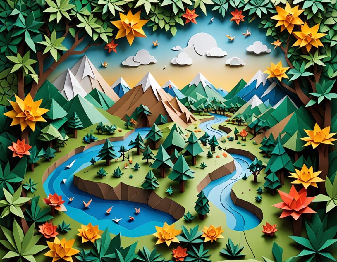 Vibrant Living Landscape in Origami Style