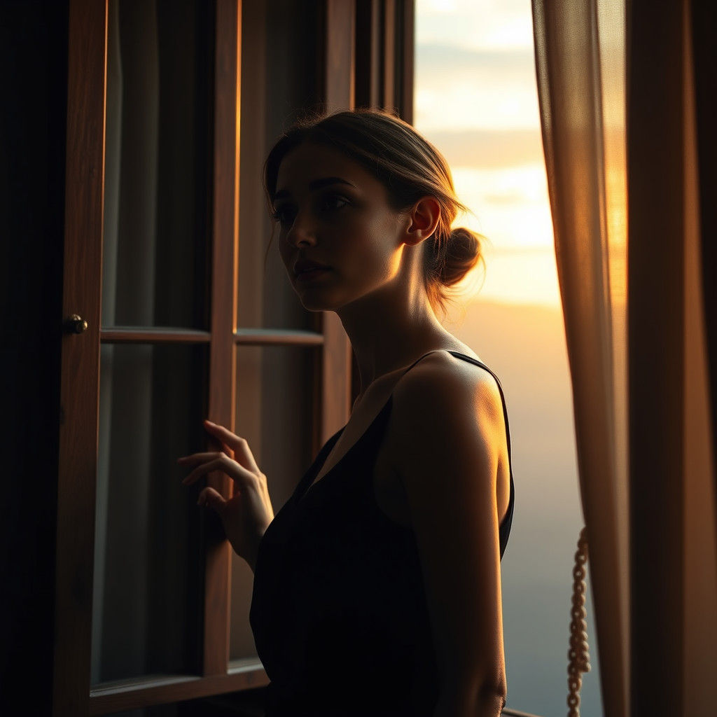 Woman in Golden Light at Open Window