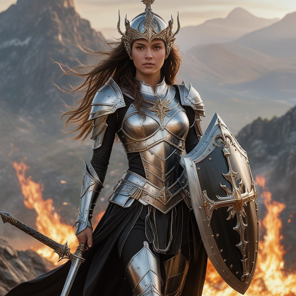 Armored Woman on Mountaintop in Hyperrealistic Style