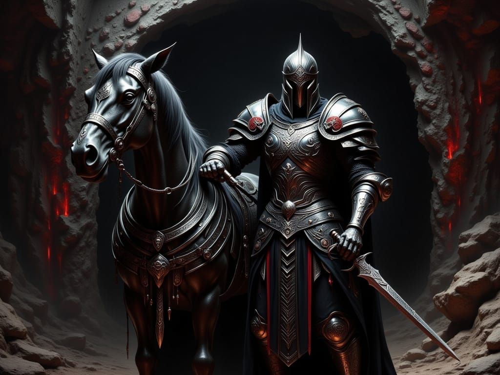 Black Knight with Runes at Dragon Cave Mouth