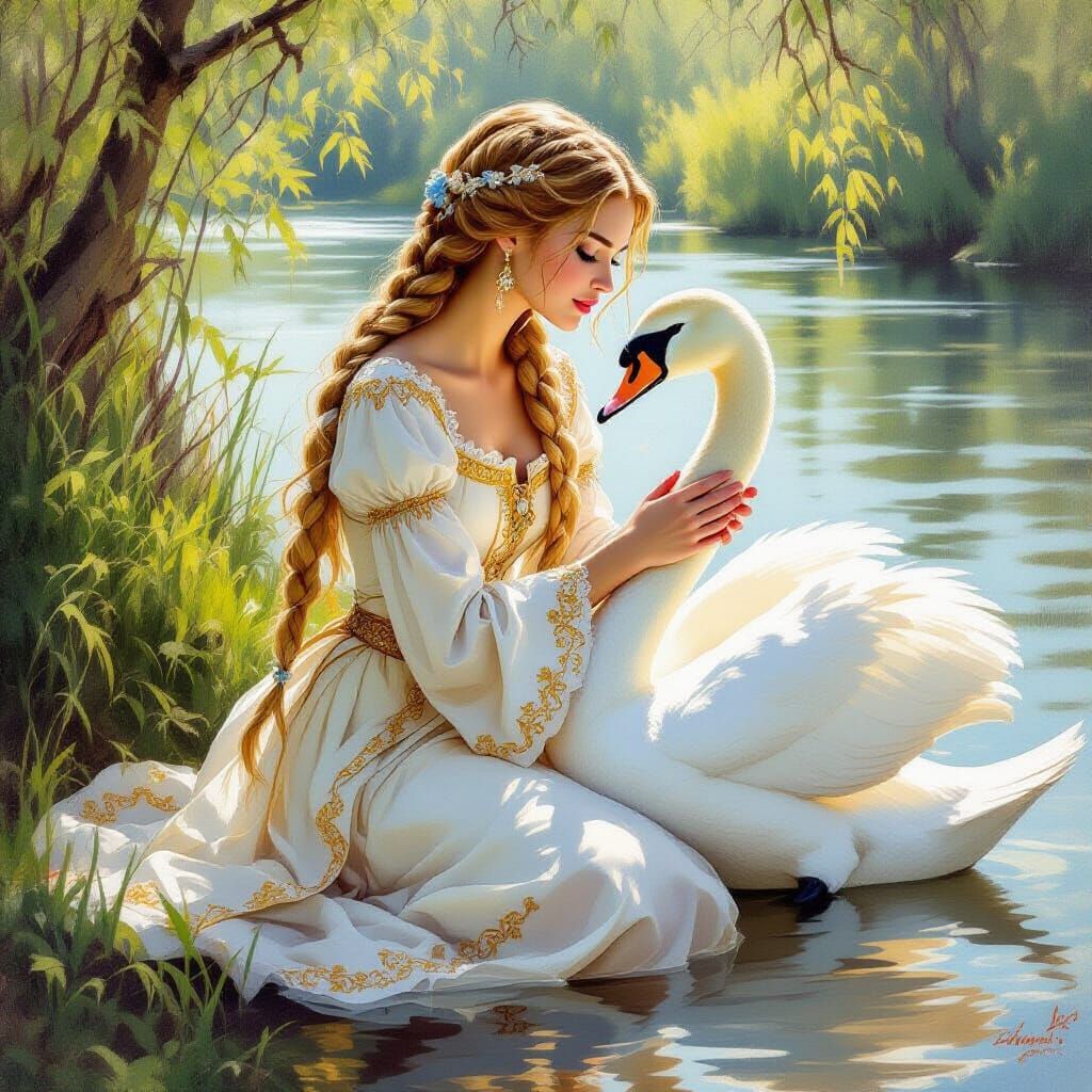 Woman Embracing Swan in Gouache and Watercolor Style