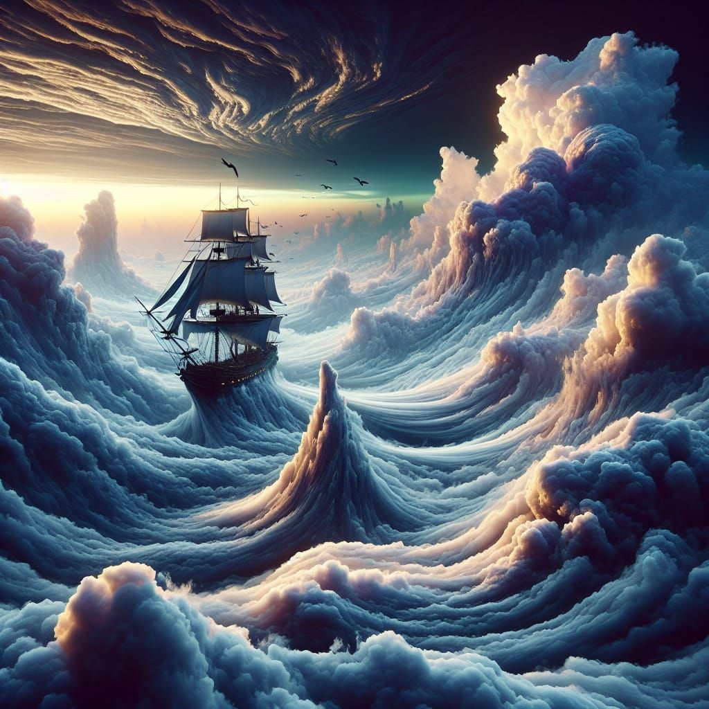 Lonely Ship Sails Into Cloudy Abyss: Fantasy Concept Art