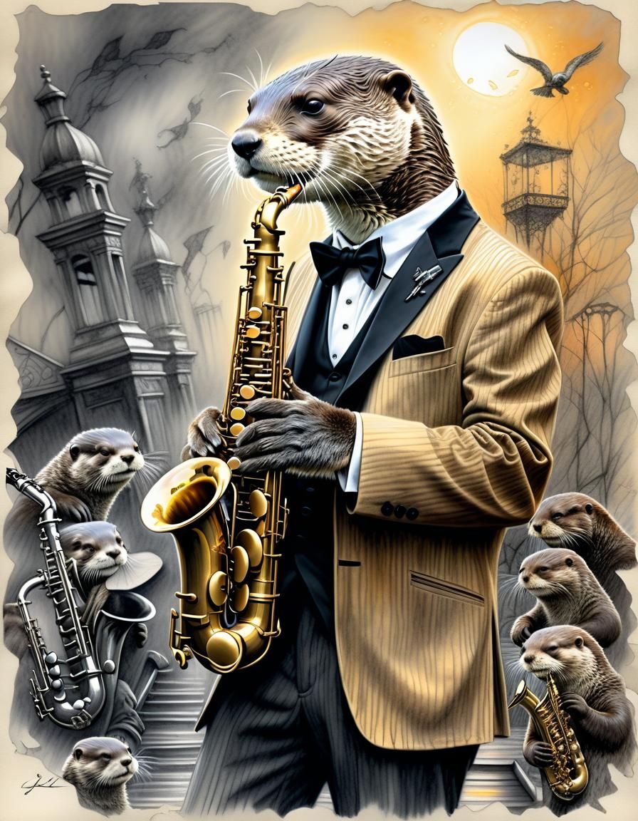 Jazz Musician Otter in Mixed Media Style