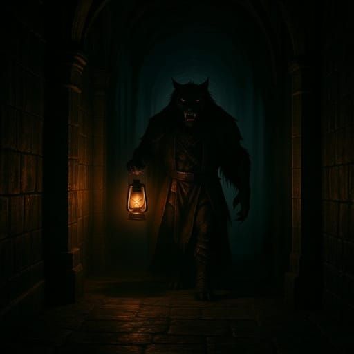 Grimdark Lantern Bearer in Medieval Passageway
