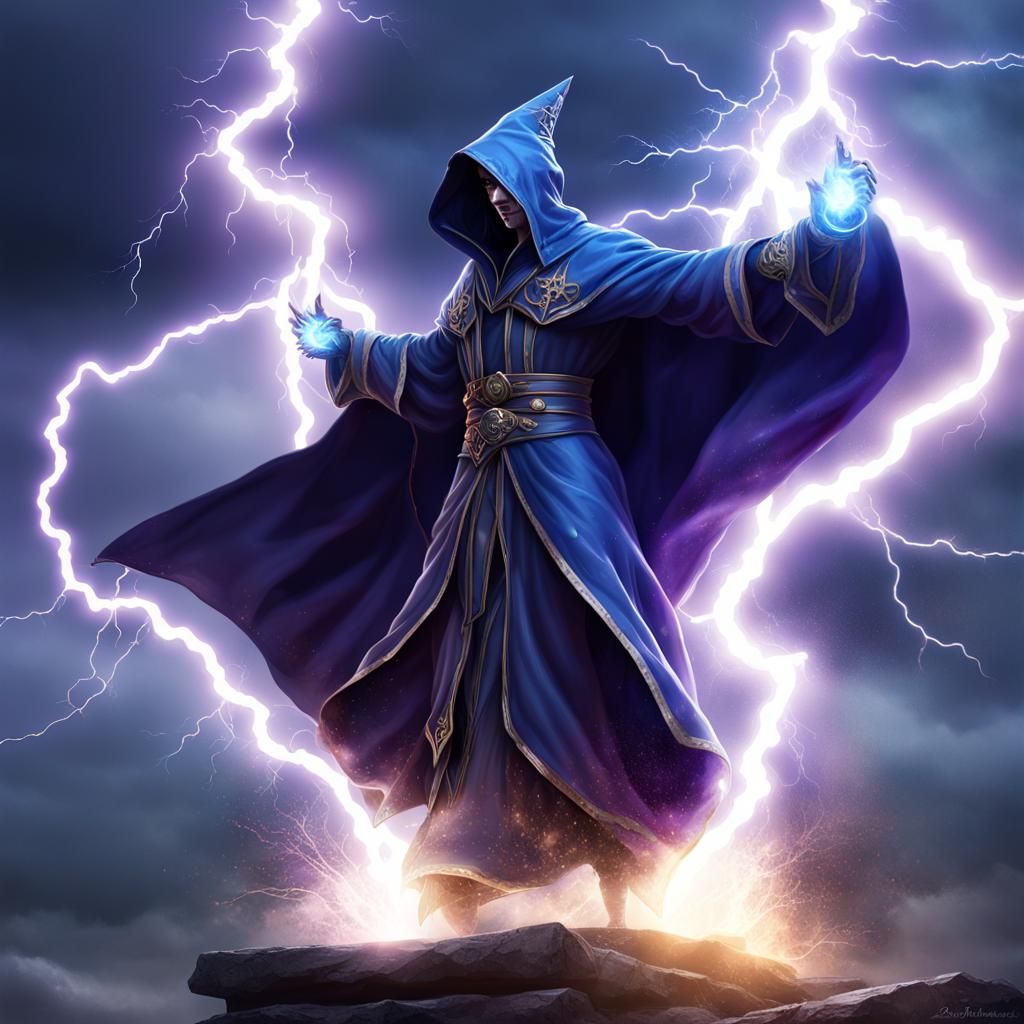 Wizard Summons Lightning in Dark Fantasy Art