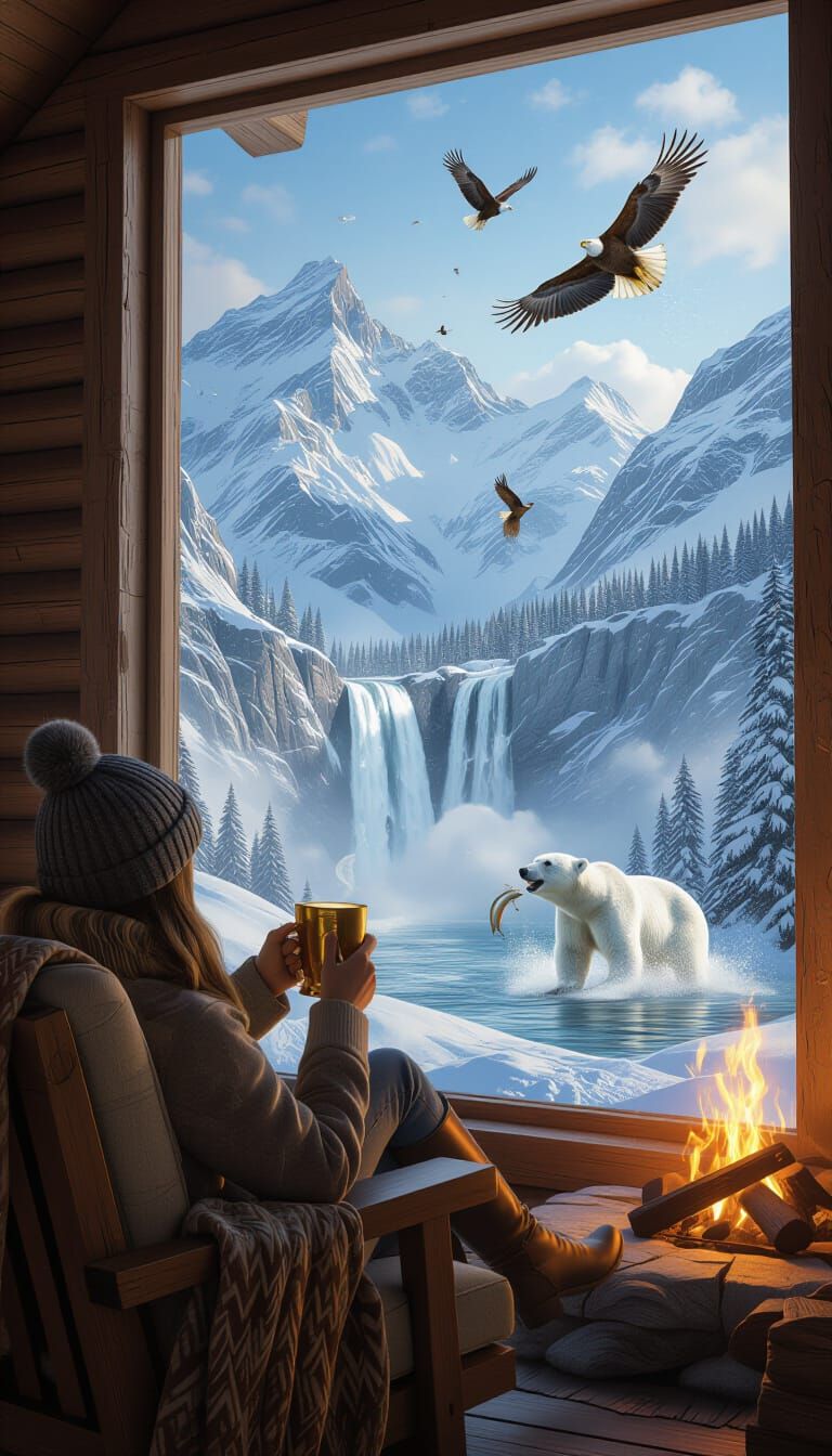 Cozy Cabin Scene with Polar Bear and Waterfall