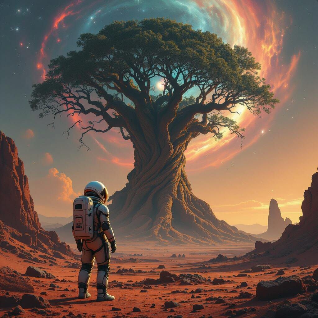 Astronaut and Ancient Tree on Alien Planet