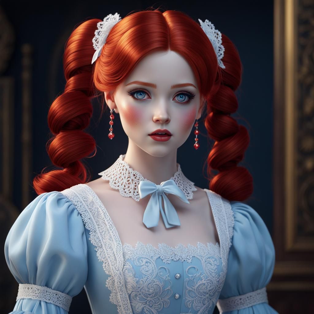 Intricate Porcelain Doll with Red Hair, Fantasy Art