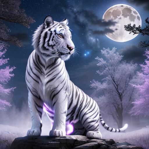 Fantasy White Tiger Under Starry Night Sky