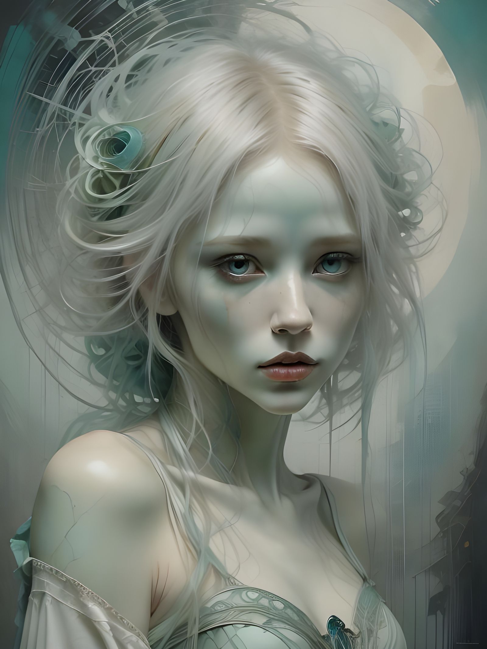 Elegant Albino Figure in Dreamlike Cerulean Portrait