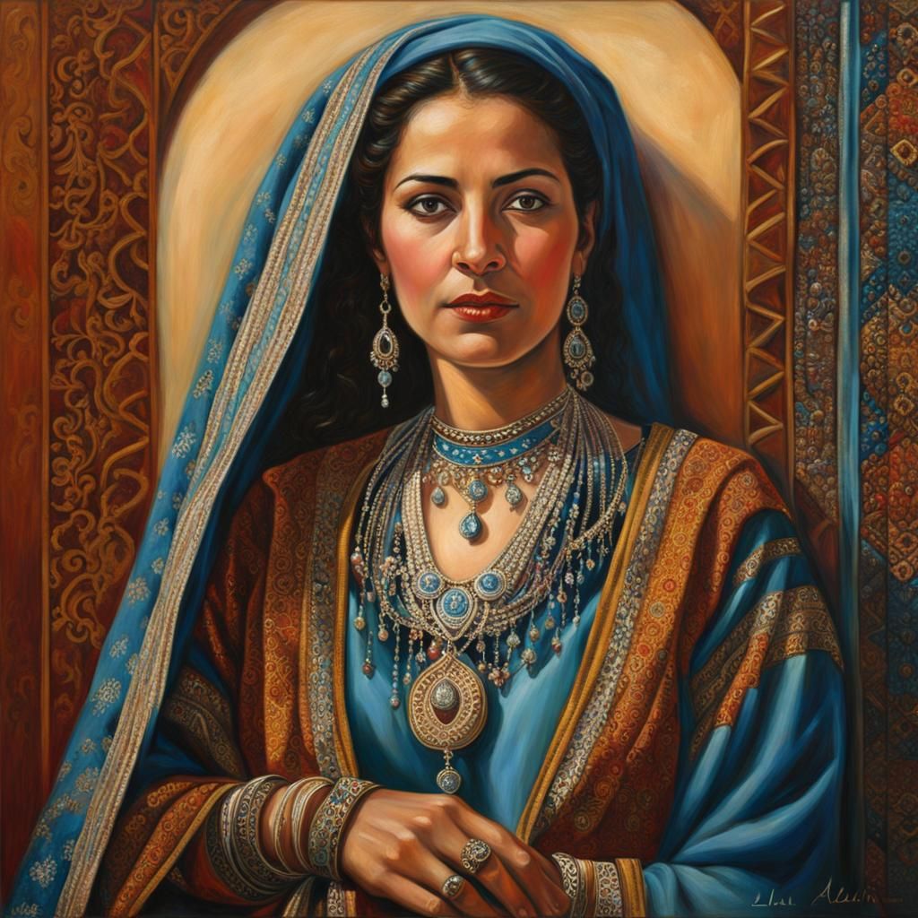 Moroccan Woman Portrait in Realistic Oil Painting Style