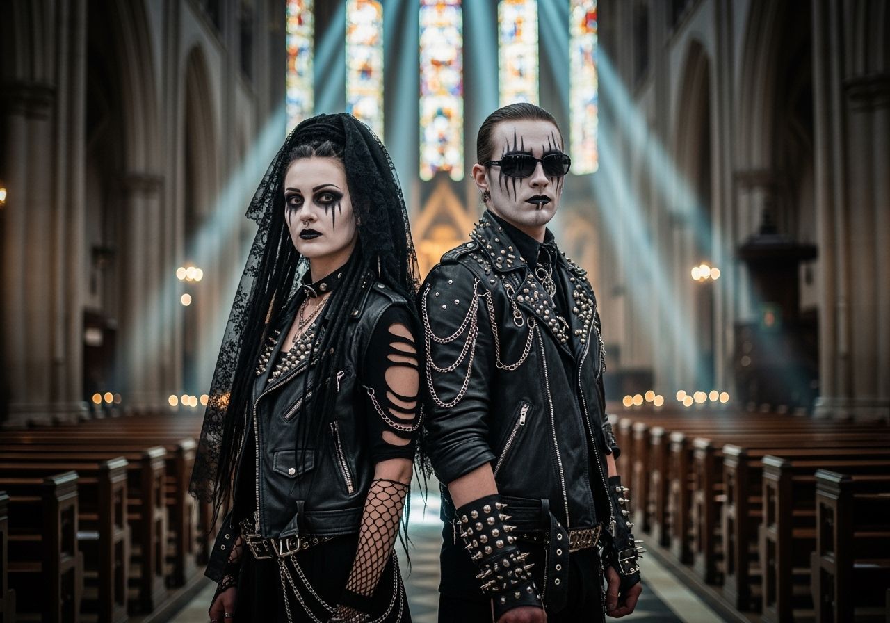 Goth Couple in Gothic Cathedral with Stained Glass Light