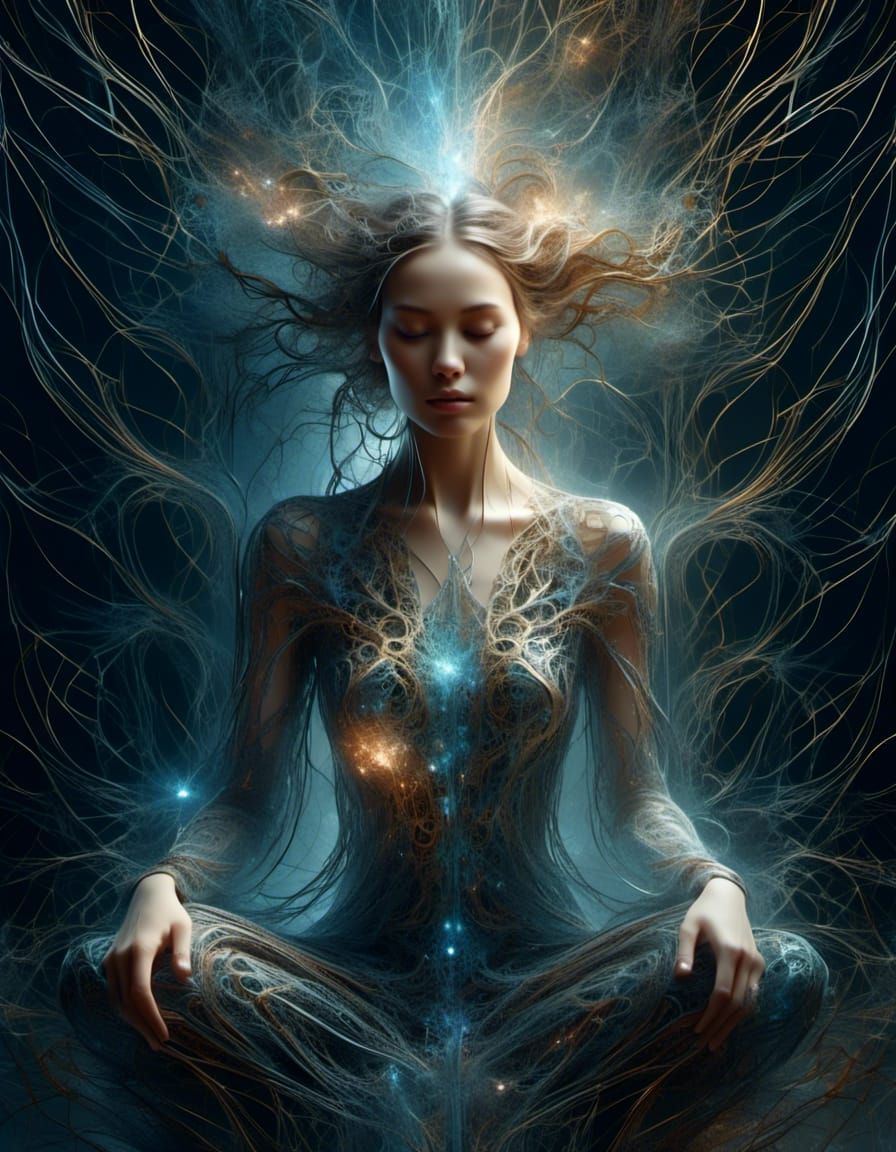 Meditative Woman with Quantum Entanglement Effect