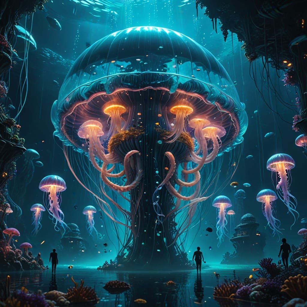Underwater City Inside Bioluminescent Jellyfish
