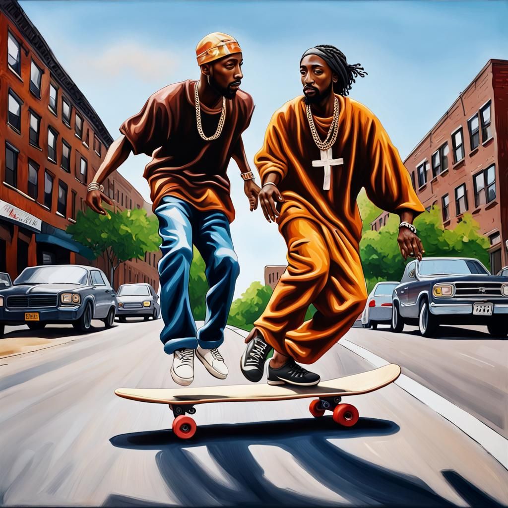 Tupac and Black Jesus Skateboarding in Brooklyn
