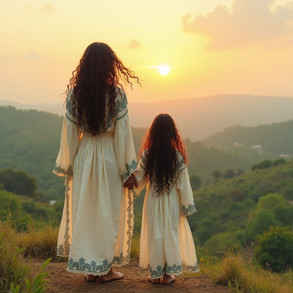 East African Mother and Daughter Watercolor Valley View